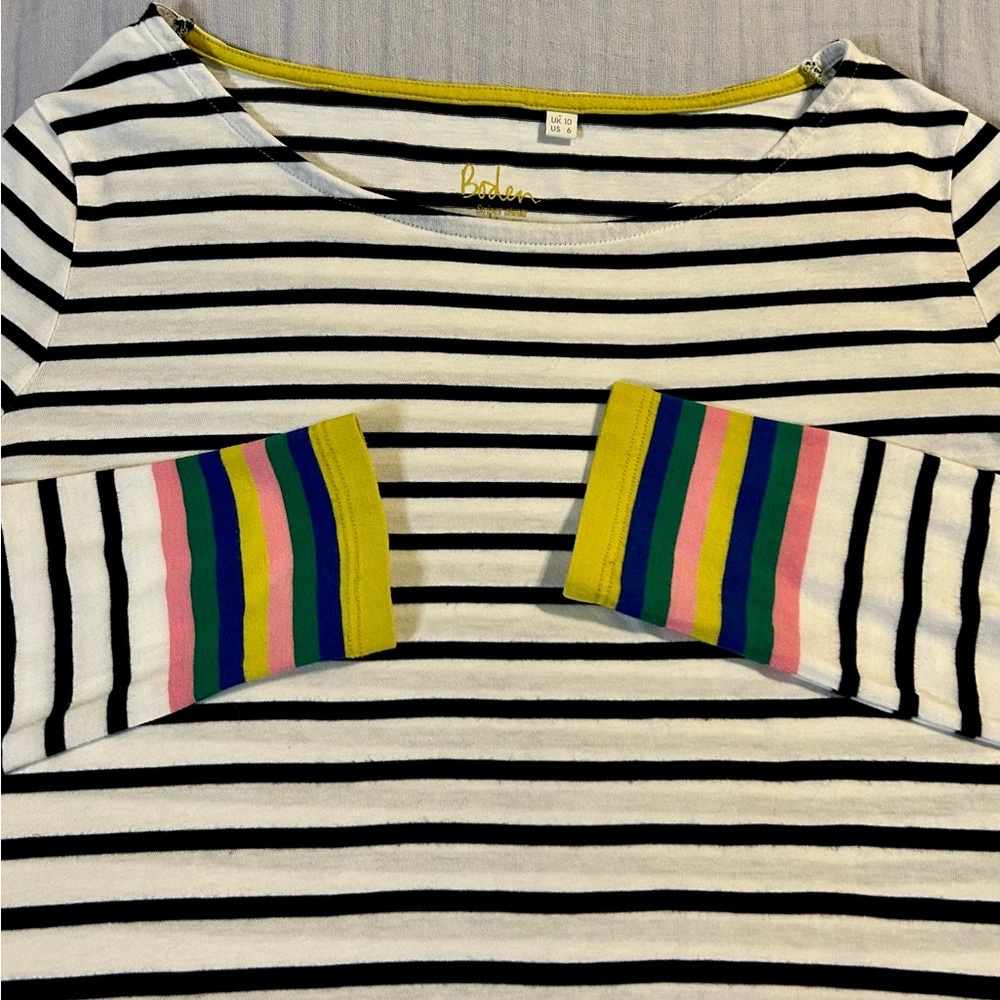 Boden Women’s Black & White Striped Cotton Long Sleeve Tee with Multicolor Cuffs